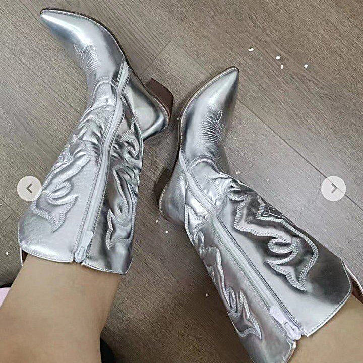 Damen nan metallische Westernstiefel mit mittelhohem Schaft dekorativer Stickerei und Seitenreißverschluss Drune