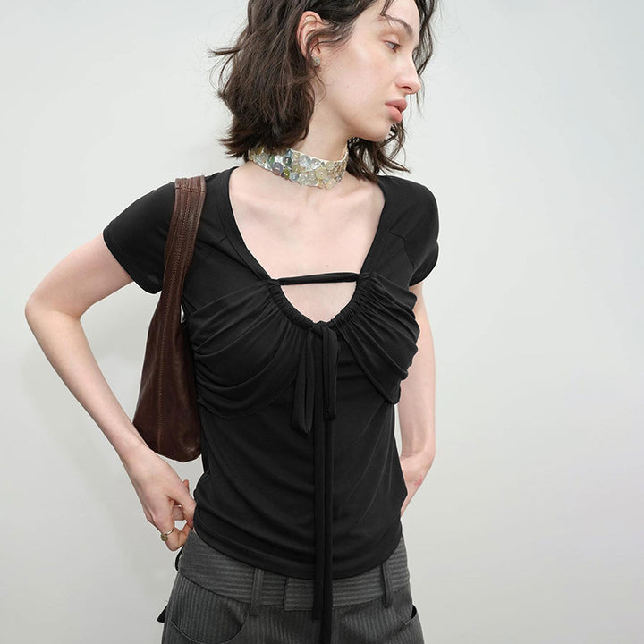 Damen figurbetontes Kurzarm-Top mit Rüschendetails und Bindeband Drune