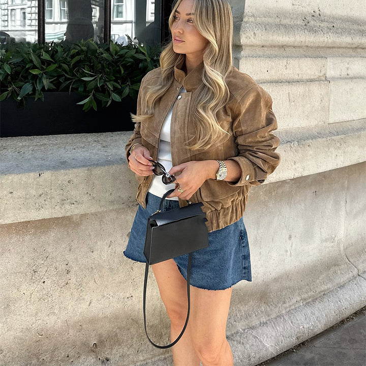 Damen Suede-Jacke im modernen Cropped-Style mit Taschen Drune