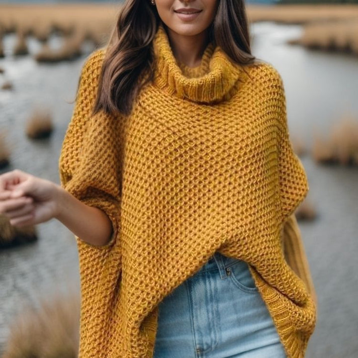 Damen lässiger Strickpullover mit hohem Kragen und strukturiertem Design Drune