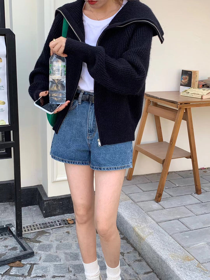 Damen gemütlicher Strickjacke mit offener Front und modischem Kragen Drune
