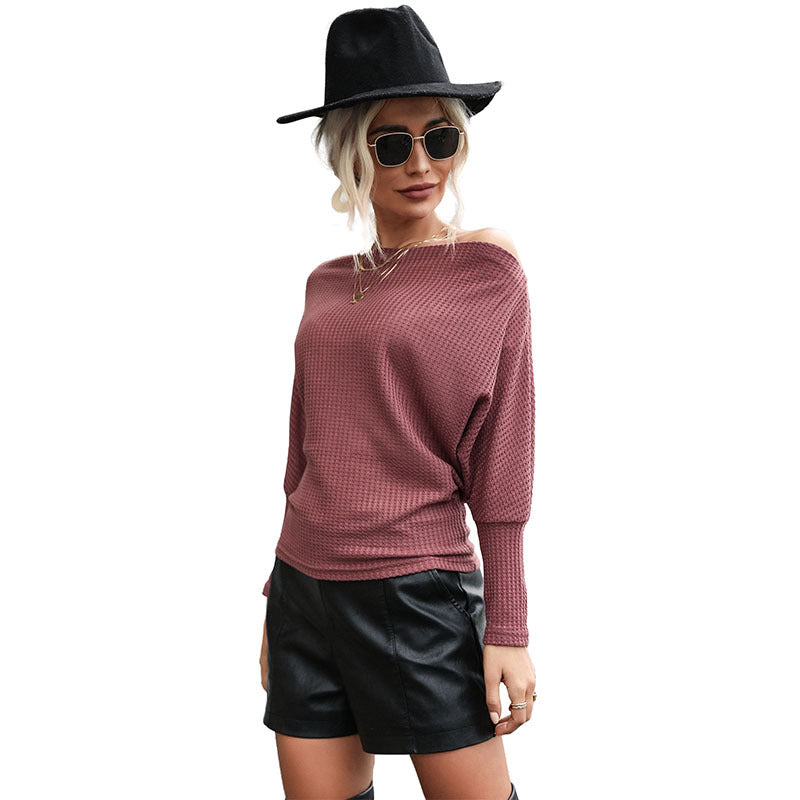 Damen lässiger Strickpullover mit Off-Shoulder-Design und Waffelmuster Drune