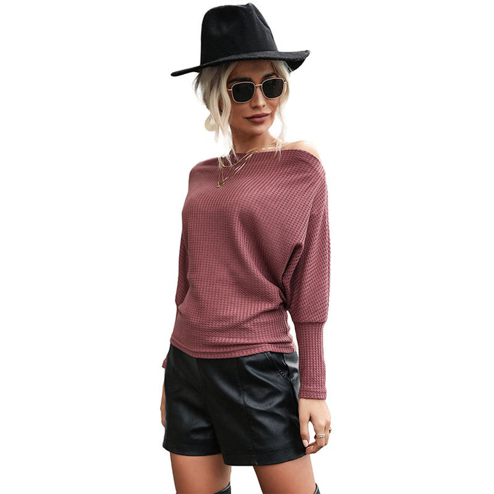 Damen lässiger Strickpullover mit Off-Shoulder-Design und Waffelmuster Drune