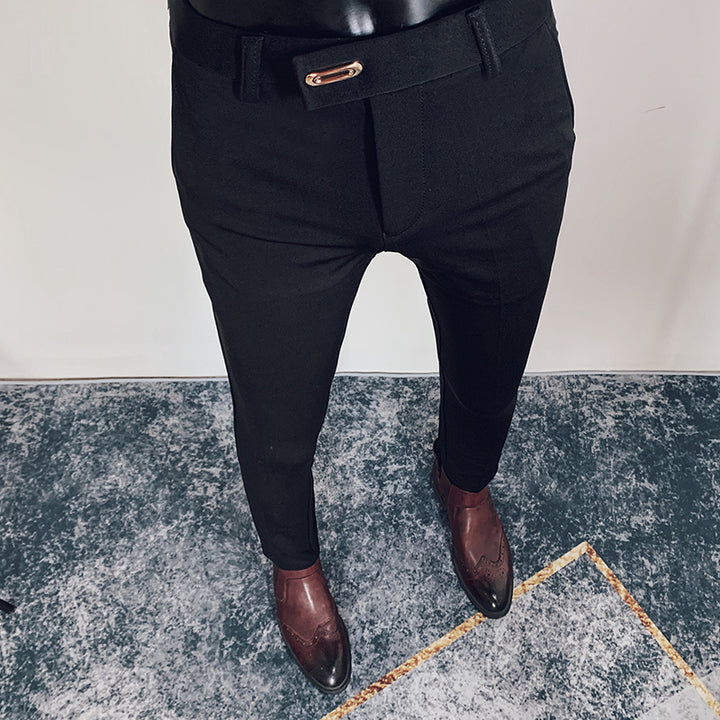 Herren nan taillierte Slimfit Anzughose mit elastischem Bund, verdecktem Reißverschluss und modischem Gürteldetail Drune
