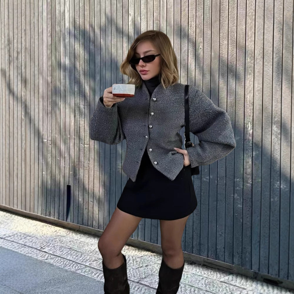 Damen elegante Kurzjacke mit stilvollen Knöpfen und voluminösen Ärmeln Drune