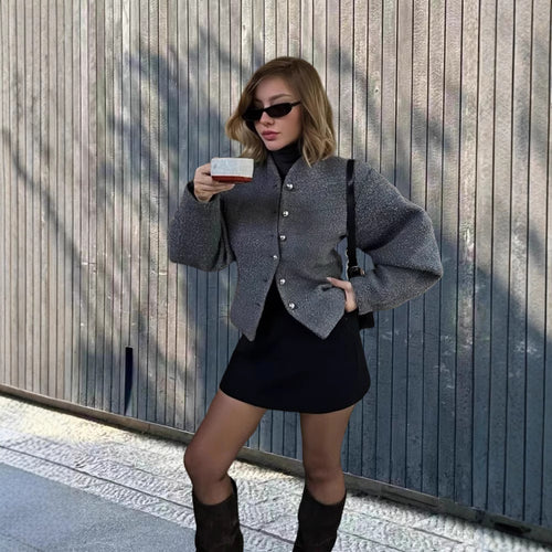 Damen elegante Kurzjacke mit stilvollen Knöpfen und voluminösen Ärmeln Drune