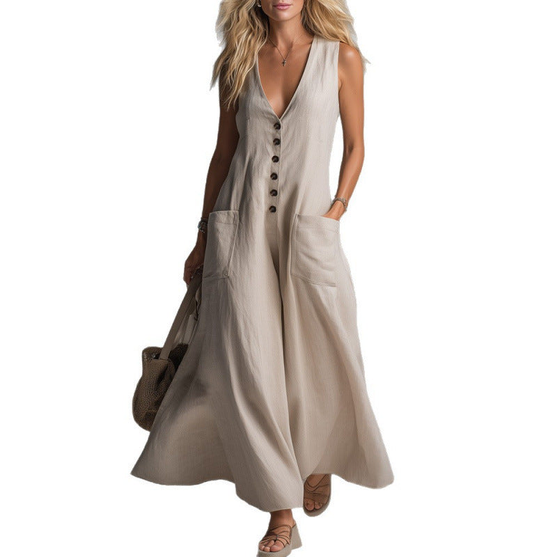 Damen eleganter Jumpsuit mit tiefem V-Ausschnitt und praktischen Taschen Drune