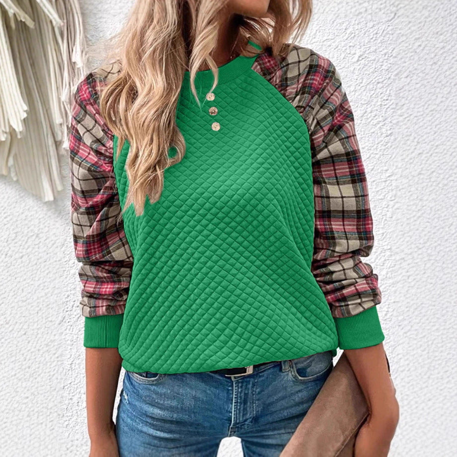 Damen Sweatshirt mit Gitterstruktur und karierten Ärmeln Drune