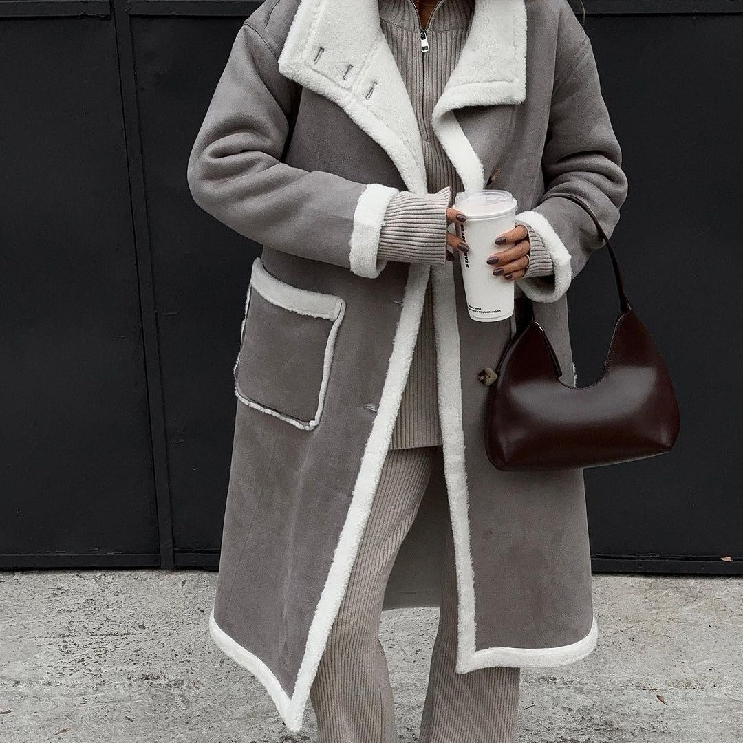 Damen Eleganter und warmer Fleece-Mantel mit oversized Schnitt und Knopfleiste Drune