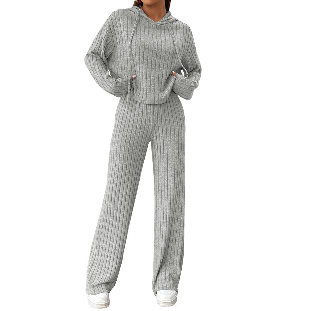 Damen gemütliches Strick-Set mit lässigem Hoodie und weitem Bein Drune