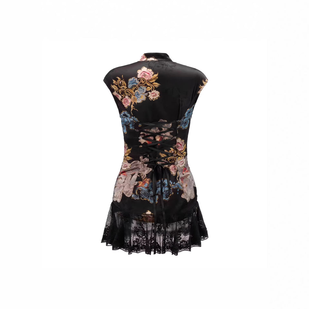 Damen Kurzärmliges Blumenkleid mit Spitzenunterrand Drune