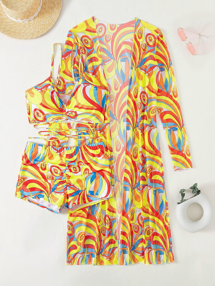 Damen Strandanzug mit leichtem Kimono und buntem Unterteil Drune