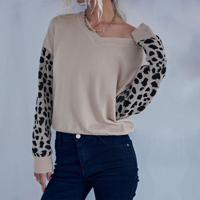 Damen Strickpullover mit V-Ausschnitt und Leopardenärmeln Drune