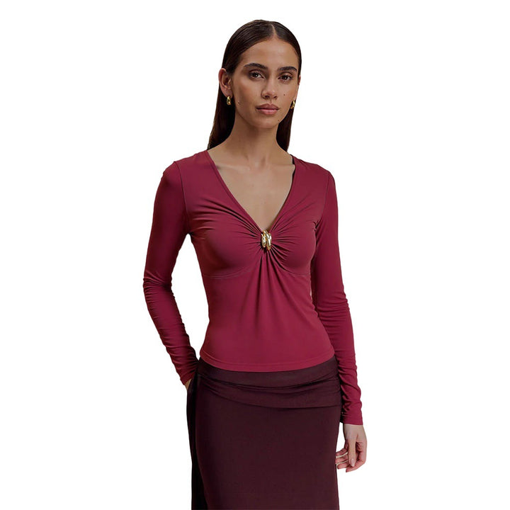 Damen Oberteil mit raffiniertem Knotendetail und elegantem V-Ausschnitt Drune