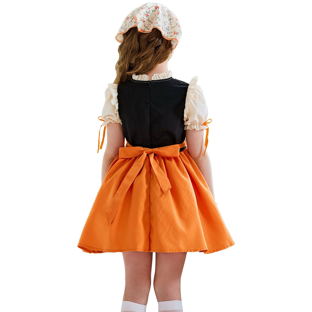 Damen nan traditionelles Kinderdirndl mit Schnürung, Rüschenschürze und Kopftuch Drune