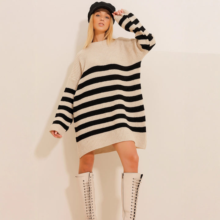 Damen lässiger Strickpullover mit gestreiftem Design und überschnittenen Schultern Drune