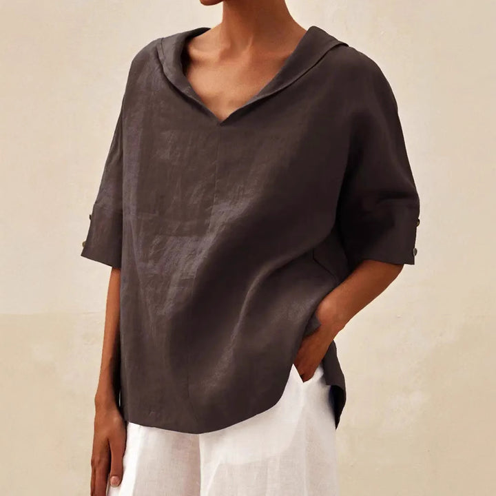 Damen lässige Leinenbluse mit Kapuze und kurzen Ärmeln Drune