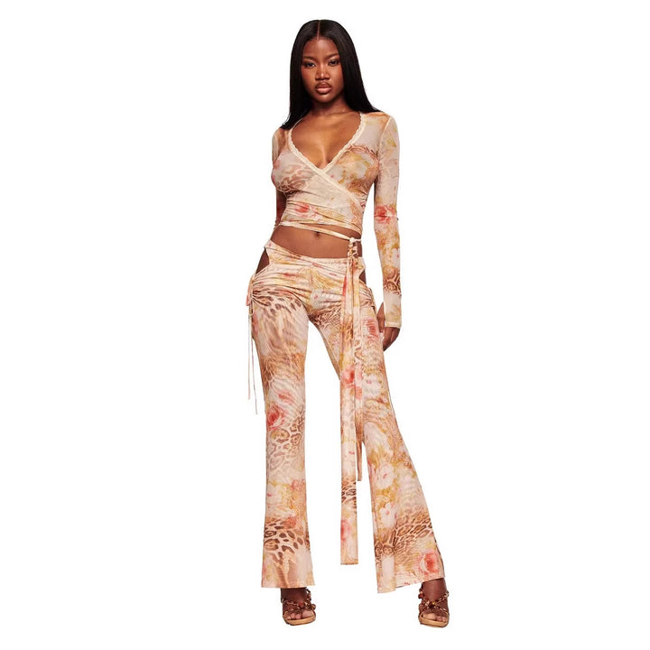 Damen Flared Pants mit floralem und animalischem Muster Drune