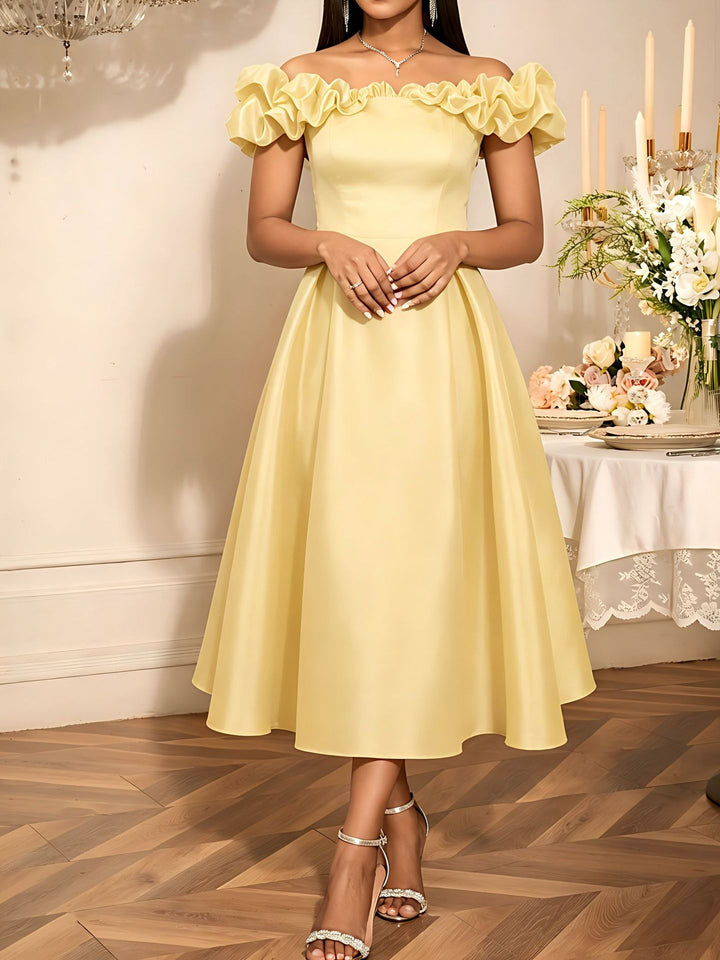 Damen Cocktailkleid mit schulterfreiem Design und voluminösen Rüschendetails Drune