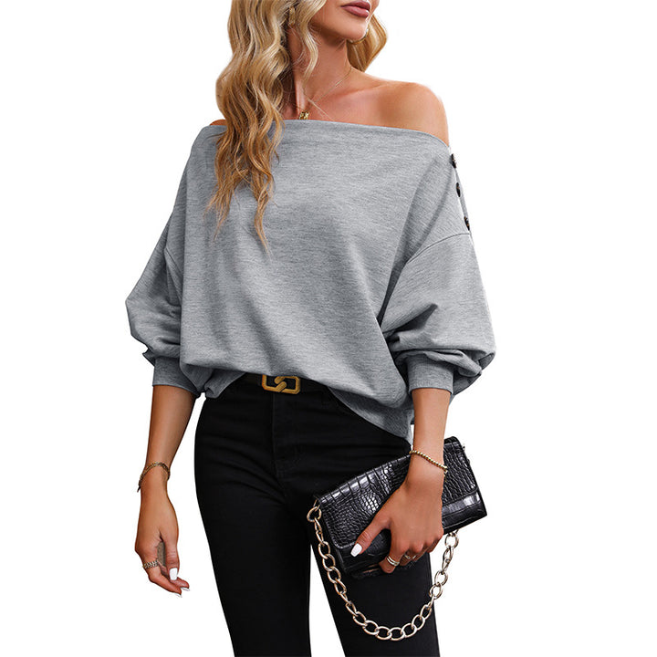 Damen lässiger One-Shoulder Pullover mit effektvollen Knopfdetails Drune