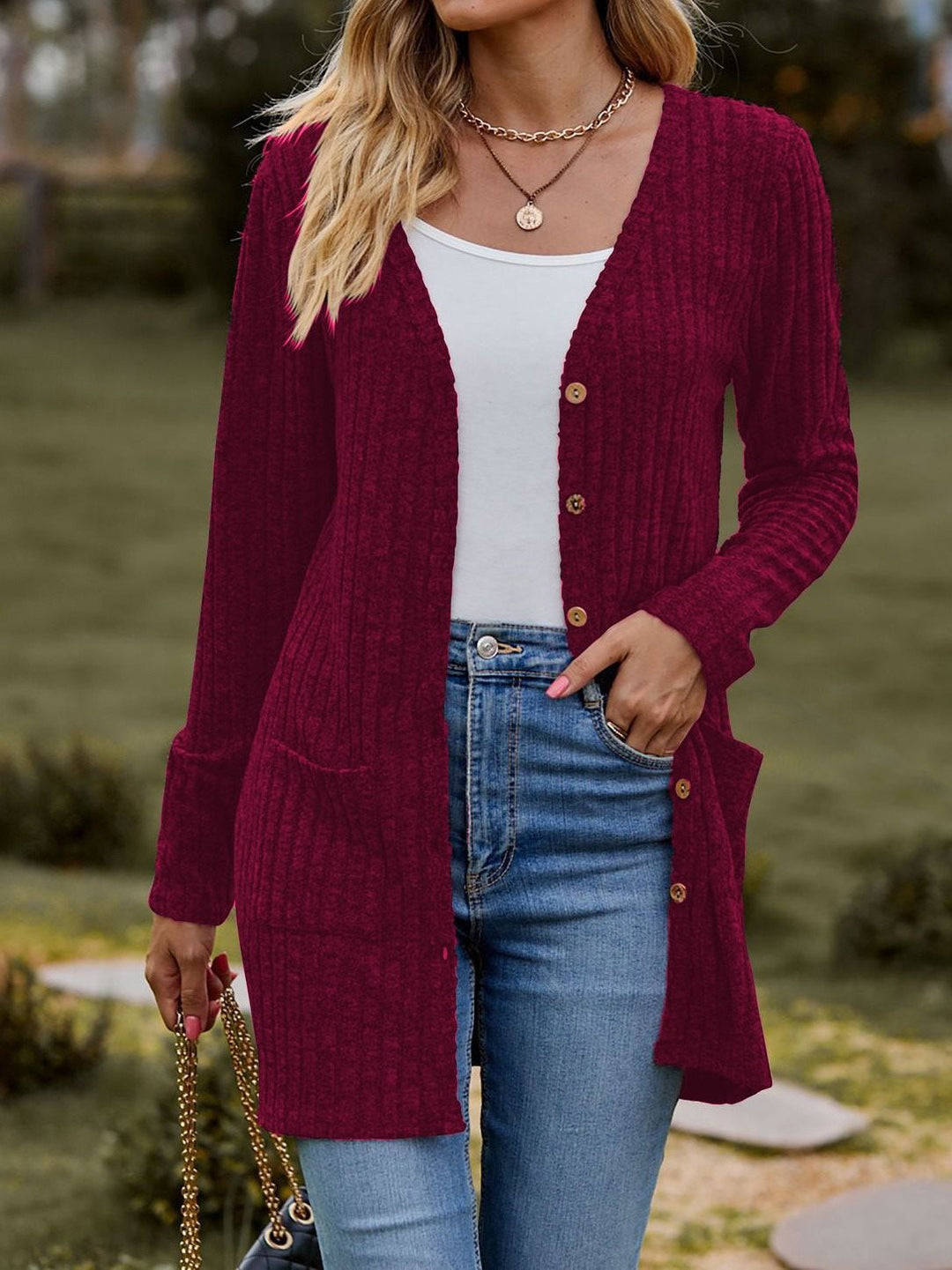 Damen Strickjacke mit V-Ausschnitt und praktischen Taschen Drune