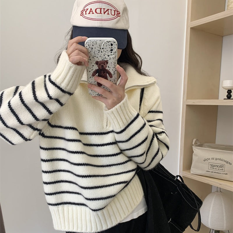 Damen lässiger Strickpullover mit sportlichem Kragen und Streifenmuster Drune
