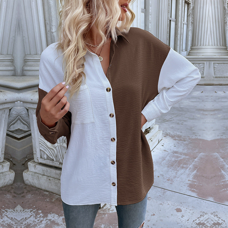 Damen oversized Blusenhemd mit zwei Farbdesigns und modischen Knopfdetails Drune