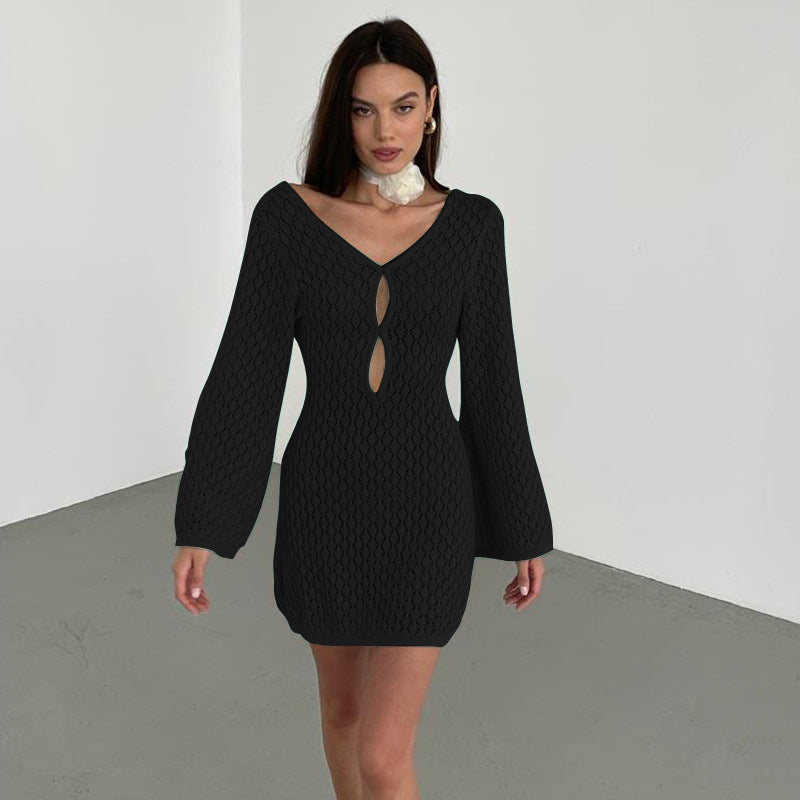 Damen elegantes Häkelkleid mit tiefem Ausschnitt Drune