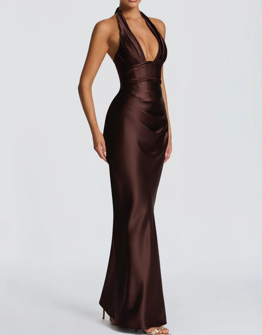 Damen Elegantes langes Abendkleid mit tiefem V-Ausschnitt Drune