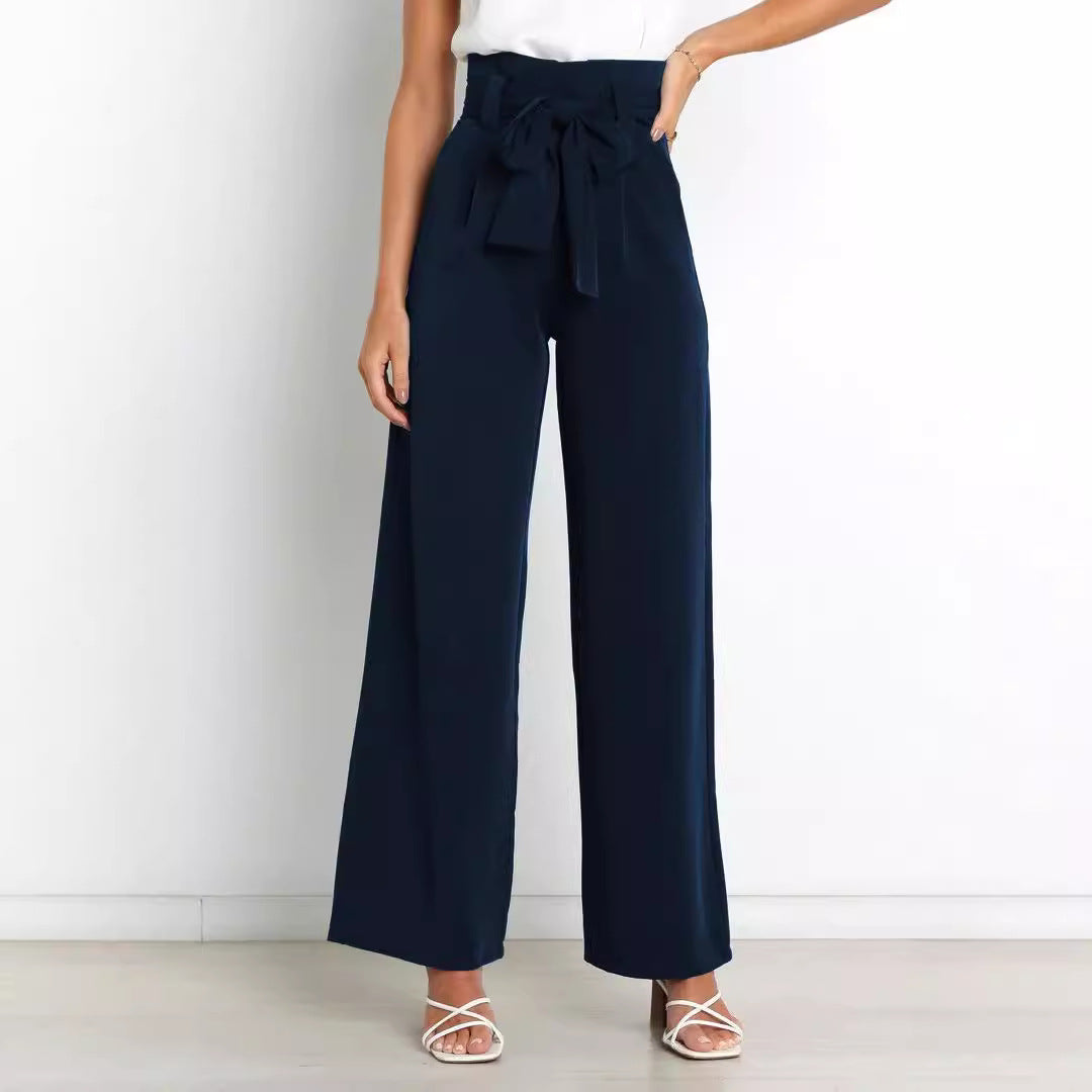 Damen Weite Stoffhose mit Bindegürtel und eleganten Taschen Drune