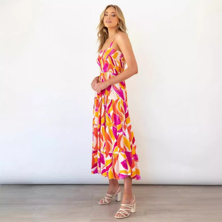 Damen Boho-inspiriertes Maxikleid mit buntem Blütenmuster und elastischem Oberteil Drune