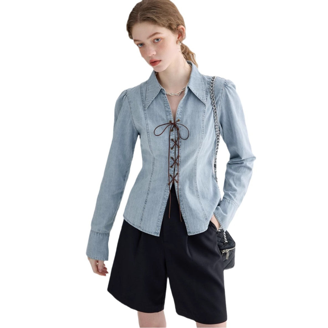 Damen elegante Jeansbluse mit Spitzenverschluss Drune
