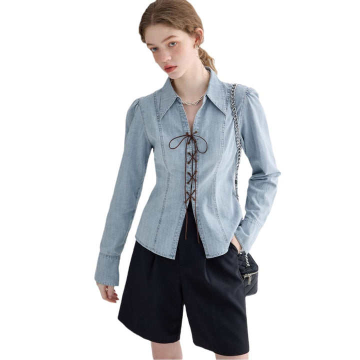 Damen elegante Jeansbluse mit Spitzenverschluss Drune