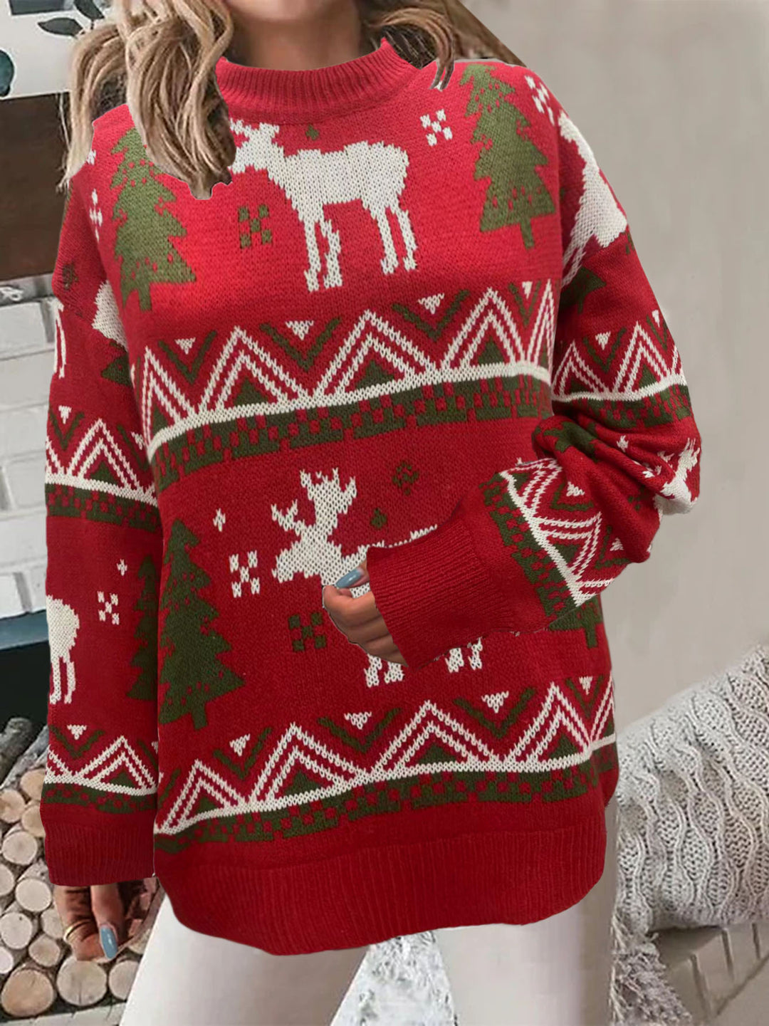 Damen Gemütlicher Weihnachts-Pullover mit festlichem Motiv und hoher Passform Drune