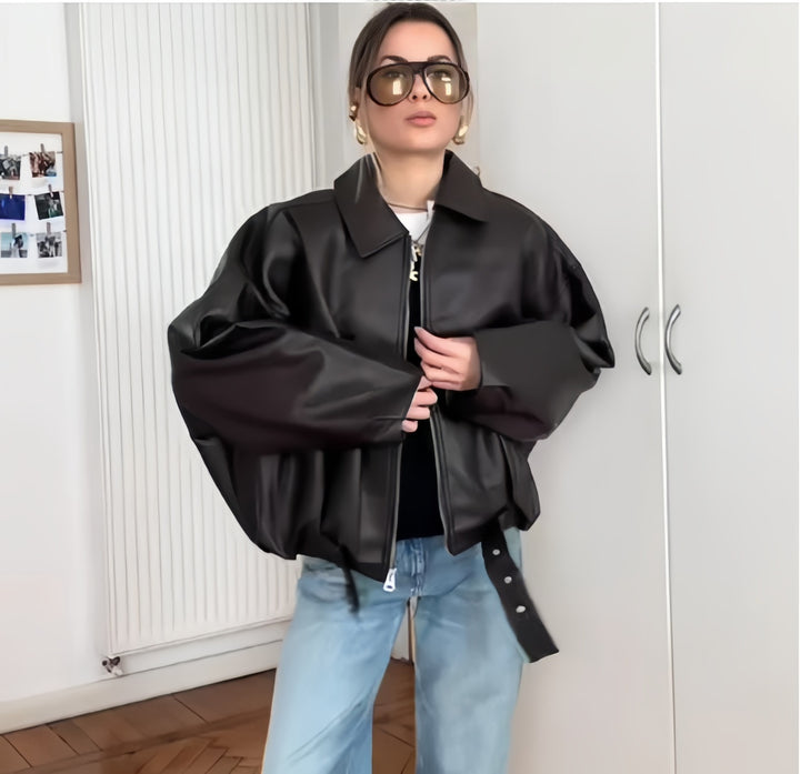 Damen Oversized Kunstlederjacke mit großzügigem Schnitt und modischen Details Drune