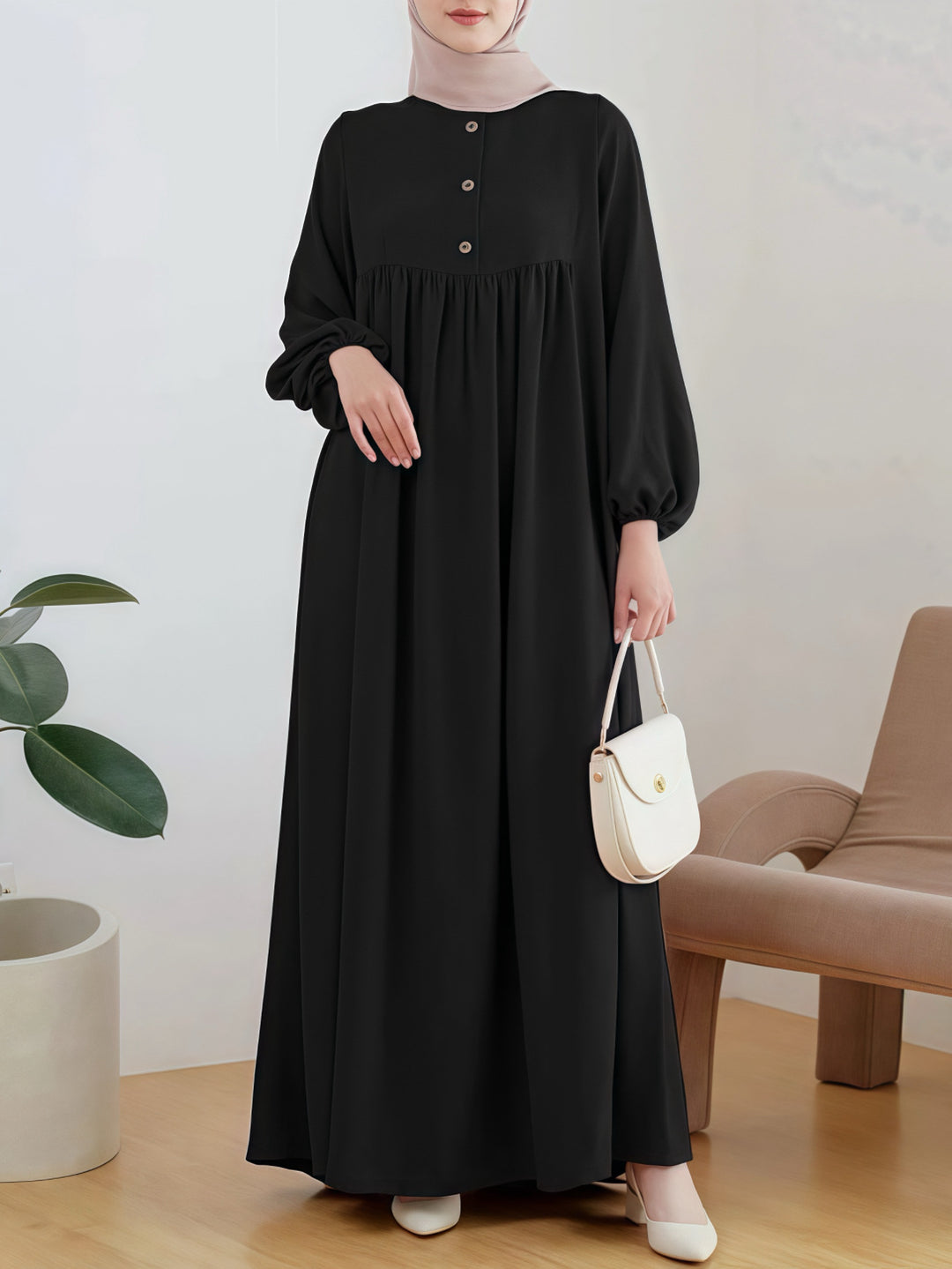 Damen luftiges Maxikleid mit bequemer Knopfleiste und eleganten Puffärmeln Drune