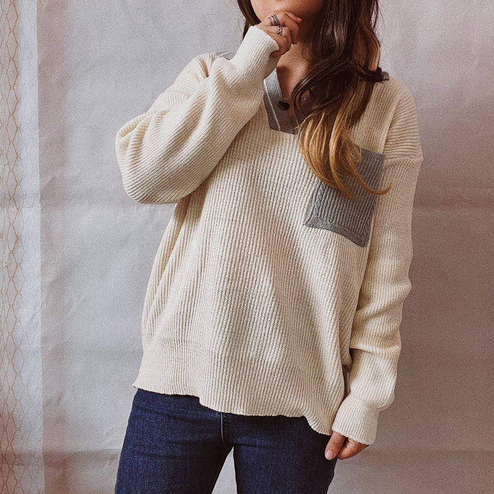 Damen lässiger V-Ausschnitt Pullover mit strukturiertem Rippdesign und kontrastierendem Kragen Drune