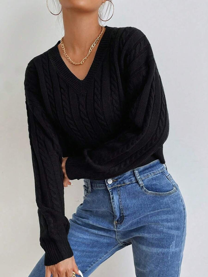 Damen Eleganter V-Ausschnitt Strickpullover mit strukturiertem Zopfmuster Drune