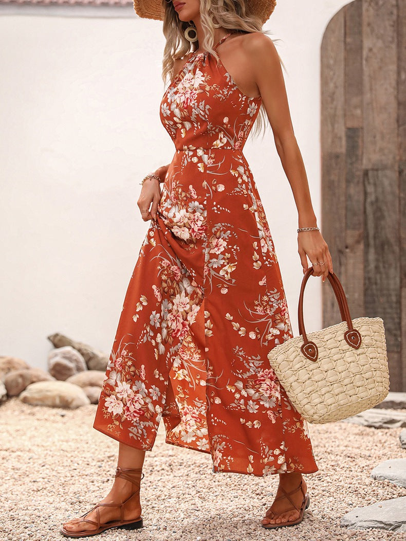 Damen Maxikleid mit eleganten Seitenschlitzen und floralen Akzenten Drune