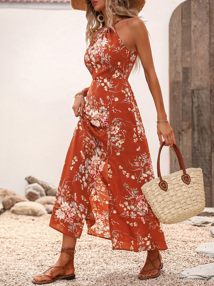 Damen Maxikleid mit eleganten Seitenschlitzen und floralen Akzenten Drune
