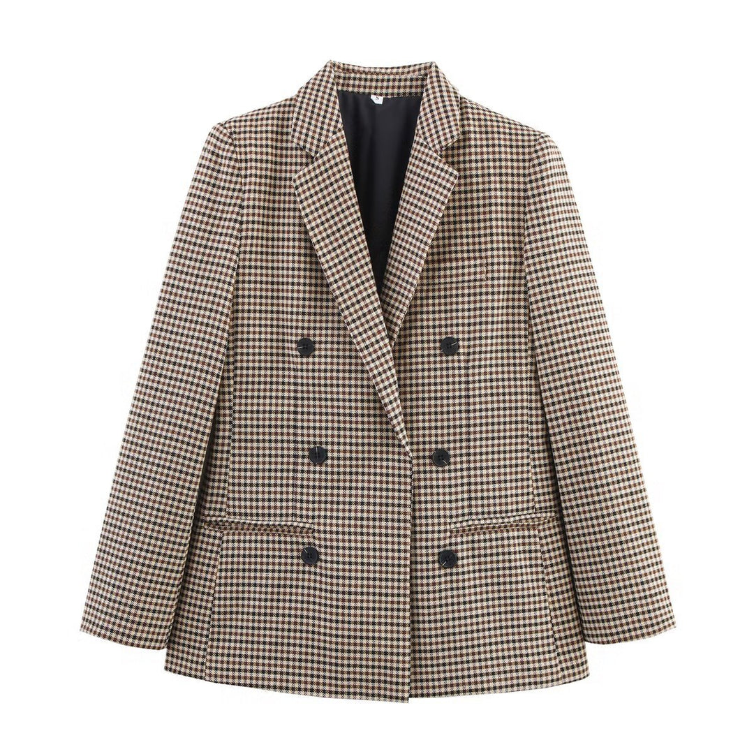 Damen karierter Blazer mit doppelter Knopfleiste und strukturiertem Stoff Drune