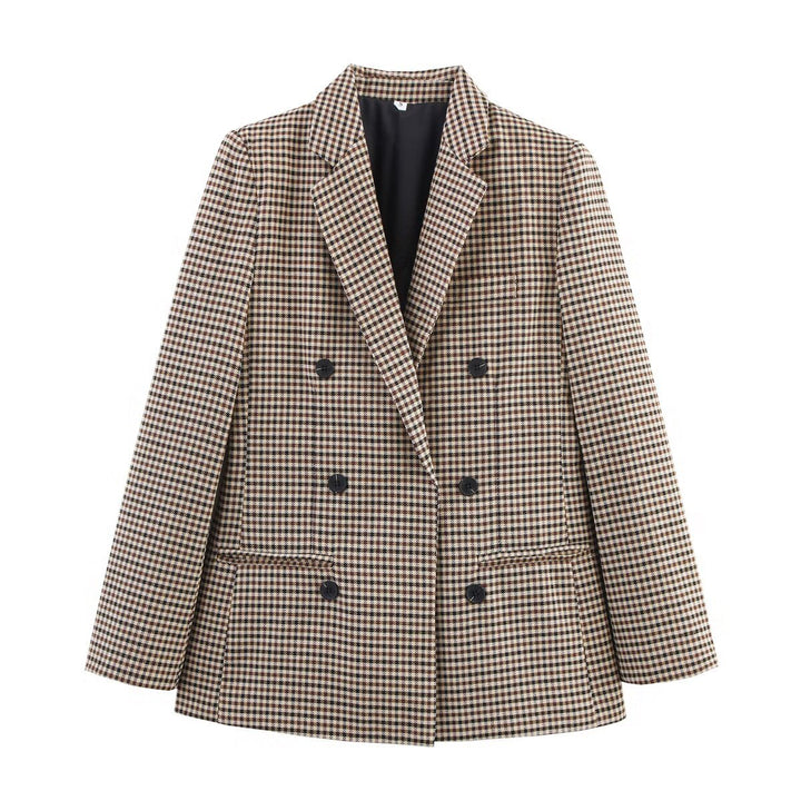 Damen karierter Blazer mit doppelter Knopfleiste und strukturiertem Stoff Drune
