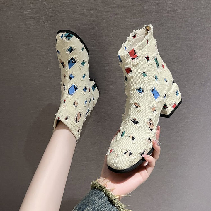 Damen Modische Ankle-Boots mit kreativem Geometrie-Druck und elegantem Reißverschluss Drune