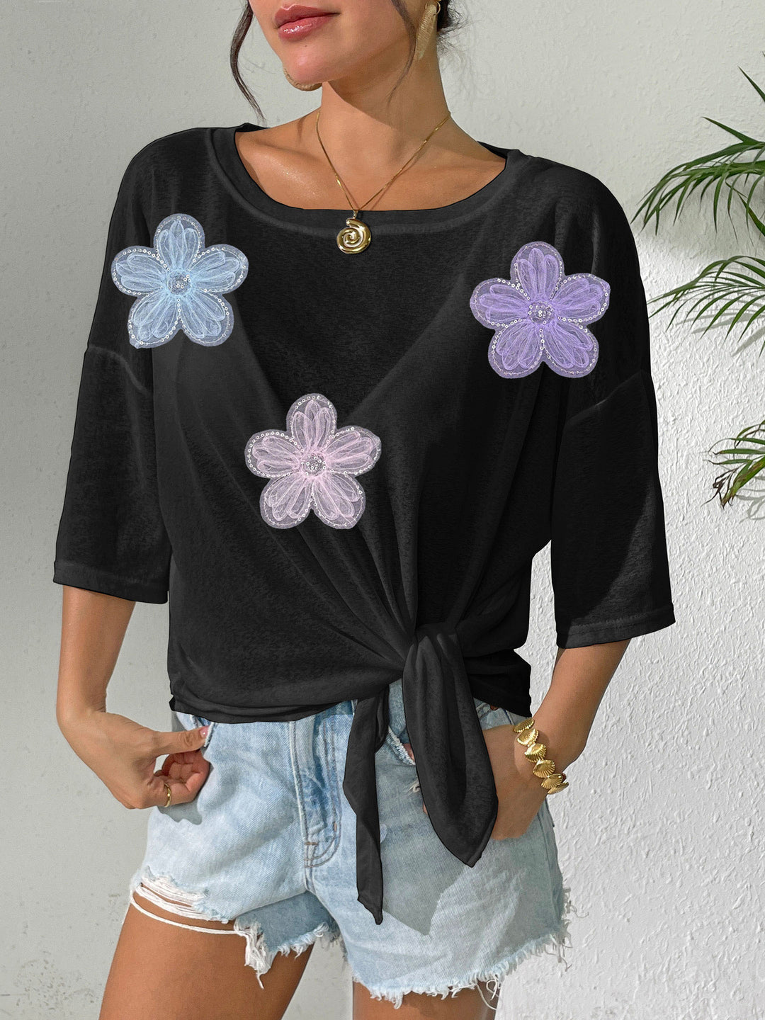 Damen lässiges Oberteil mit floralem Design und seitlichem Knoten Drune