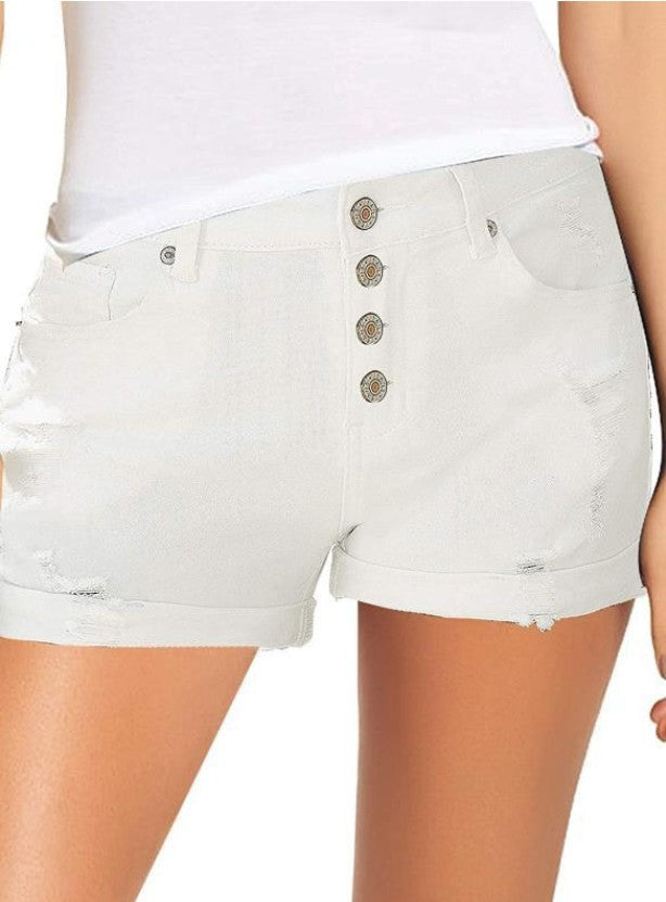 Damen modische High-Waist Denim-Shorts mit Knopfdetails und ausgefranstem Saum Drune