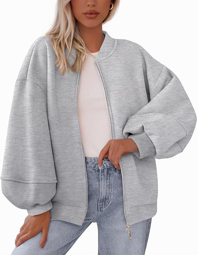 Damen Oversized Bomberjacke mit Reißverschluss und elastischen Bündchen Drune