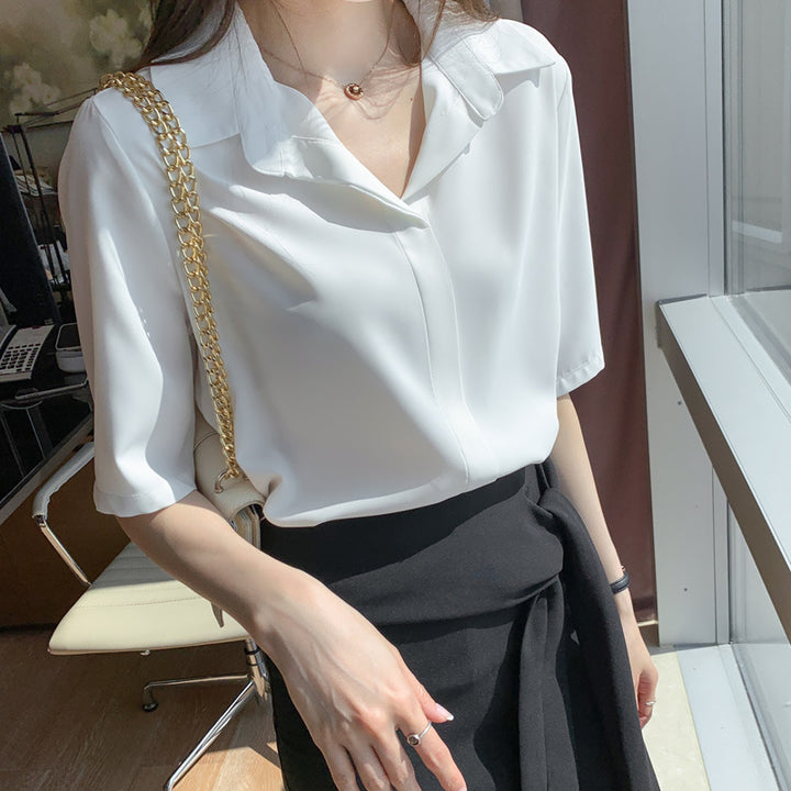 Damen Bluse mit modernem Kragen und kurzen Ärmeln Drune