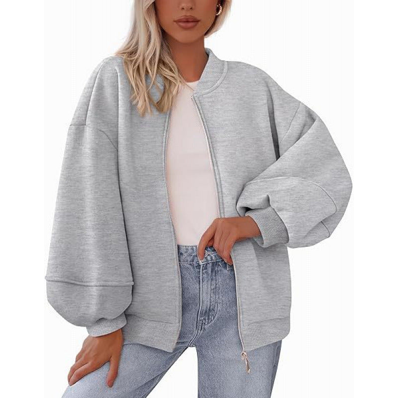 Damen lässige Oversized-Jacke mit Reißverschluss und ballonen Ärmeln Drune