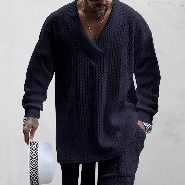 Herren nan oversized Kabelstrick V-Ausschnitt Pullover mit Relaxhose Set Drune