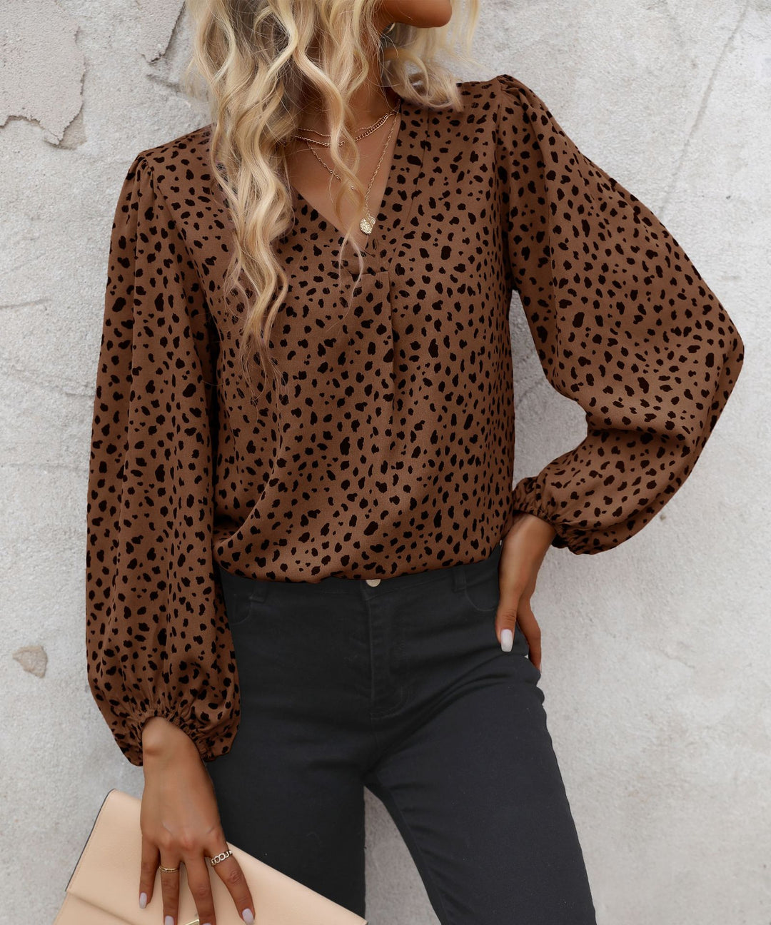 Damen elegante Bluse mit modernen Puffärmeln und grafischem Muster Drune